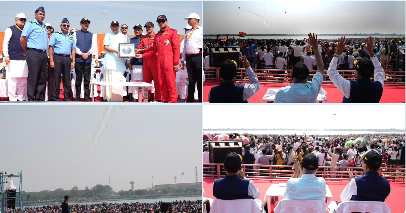 छत्तीसगढ़: उपराष्ट्रपति सीपी राधाकृष्णन ने सूर्यकिरण एरोबैटिक टीम के उत्‍कृष्‍ट एयर शो का किया अवलोकन