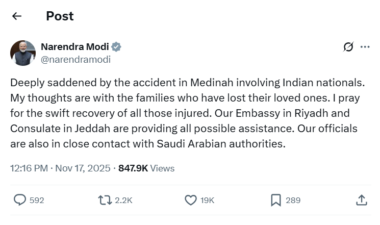 प्रधानमंत्री मोदी ने मदीना में हुए हादसे में भारतीय नागरिकों की मौत पर दुख व्यक्त किया