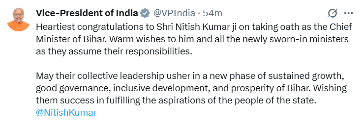 उपराष्ट्रपति सी. पी. राधाकृष्णन ने नीतीश कुमार और उनके नव-नियुक्त मंत्रियों को बधाई दी