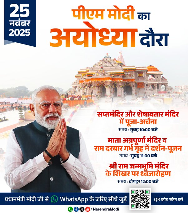 प्रधानमंत्री मोदी अयोध्या में श्रीराम जन्मभूमि मंदिर के शिखर पर फहराएंगे भगवा ध्वज
