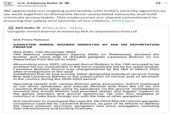 U.S. Appreciates Partnership with Indian Security Agencies After Gangster Anmol Bishnoi Arrest