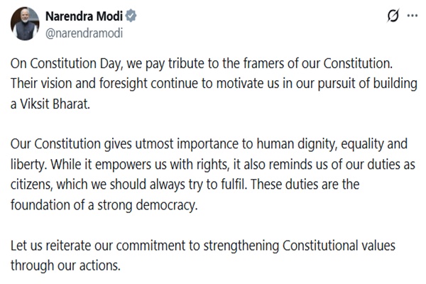 PM Modi pays tribute to framers of Constitution on Constitution Day