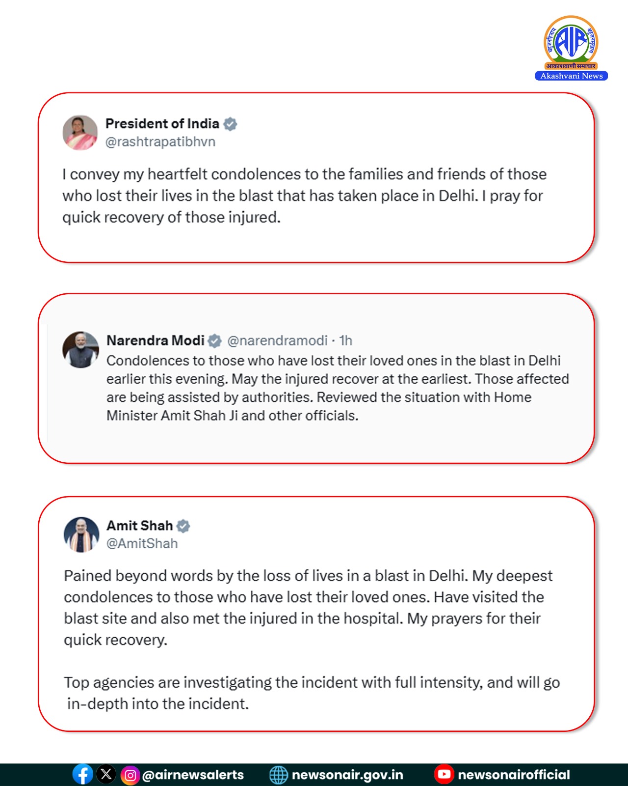 President, Vice President and Prime Minister Express Condolences Over Delhi Blast Victims