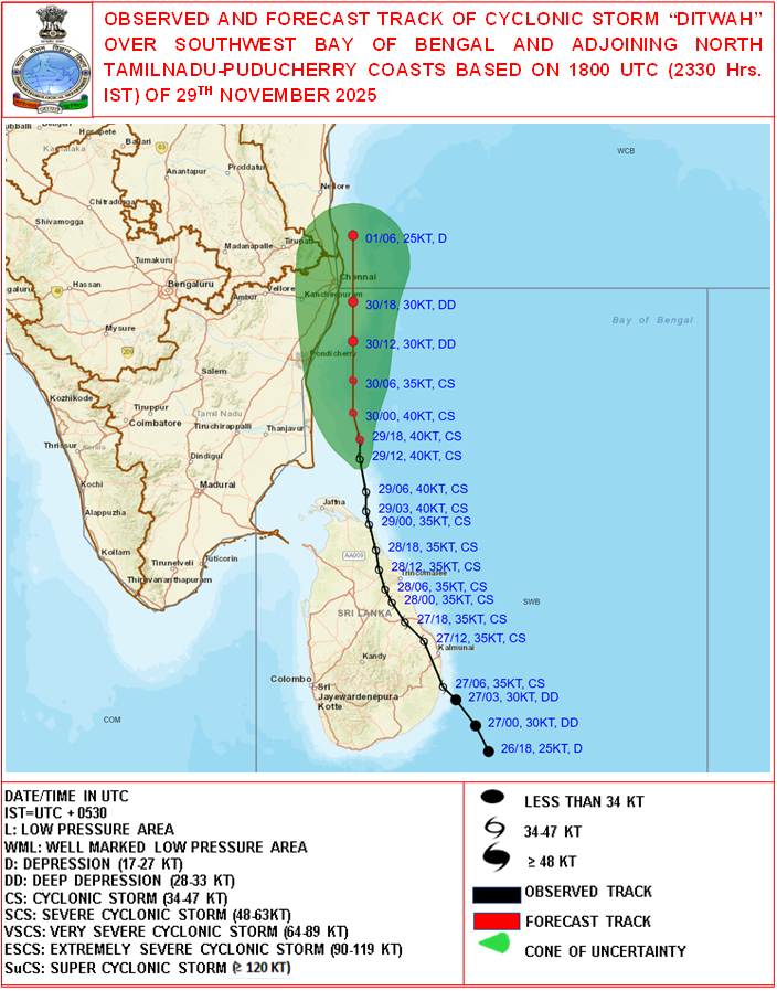 Cyclonic Storm Ditwah lays centered over southwest Bay of Bengal, adjoining north Sri Lanka and Tamil Nadu coasts