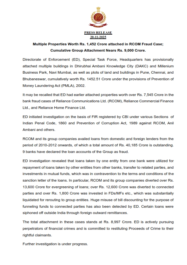 ED Attaches Assets Worth ₹1,400 Crore Linked to Reliance ADA Group Bank Fraud Case