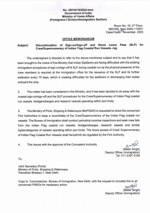 Centre Abolishes Sign-On, Sign-Off Rules for Indian Vessels