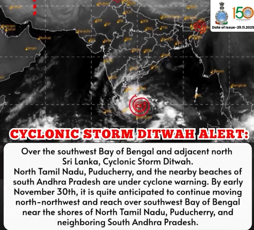 IMD Issues Cyclone Ditwah Warning for Tamil Nadu, Puducherry, and Andhra Pradesh