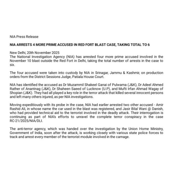 NIA Arrests Four More in Delhi Red Fort Case