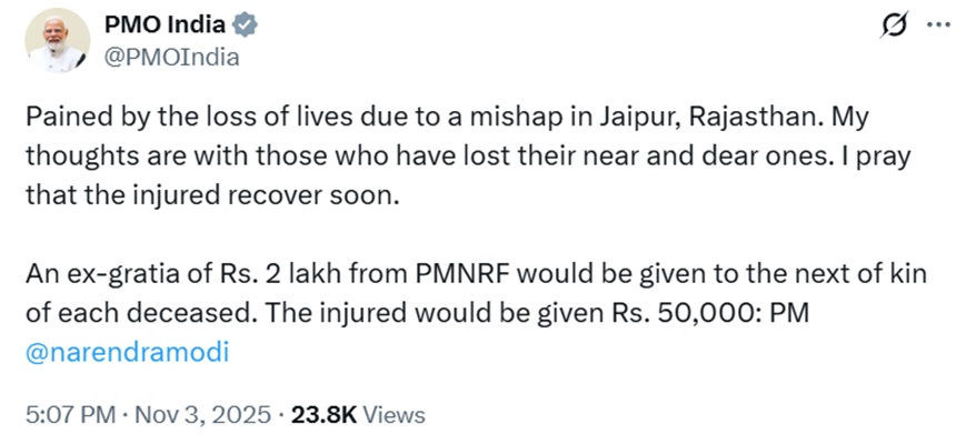 PM Modi Announces ₹2 Lakh Ex-Gratia for Deceased, ₹50,000 for Injured in Jaipur Accident