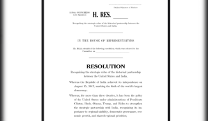 બે અમેરિકન પ્રતિનિધિએ અમેરિકા અને ભારત વચ્ચેની ઐતિહાસિક ભાગીદારીના વ્યૂહાત્મક મૂલ્યને માન્યતા આપતો દ્વિપક્ષીય ઠરાવ રજૂ કર્યો.