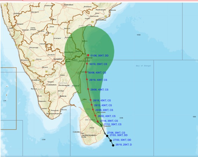 ચક્રવાતી તોફાન દિટવાહ ઉત્તર તમિલનાડુ અને દક્ષિણ આંધ્ર કિનારા તરફ આગળ વધ્યું