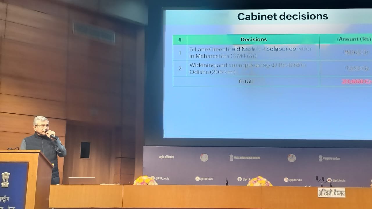 কেন্দ্রীয় মন্ত্রীসভা আজ দুটি মহাসড়ক প্রকল্পে অনুমোদন দিয়েছে। এই প্রকল্পের অধীনে ছয়-লেনের নাসিক-সোলাপুর করিডোর এবং ওড়িশার জাতীয় সড়ক ৩২৬-এর সম্প্রসারণ করা হবে।