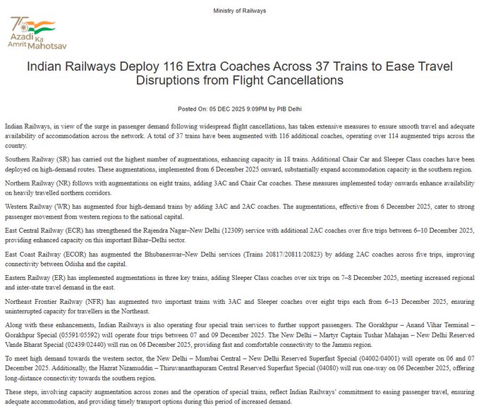 দেশে বিমান পরিষেবা নিয়ে অচলাবস্থার জেরে ব্যাপক চাহিদা সামাল দিতে ভারতীয় রেল যাত্রীদের নির্বিঘ্নে ভ্রমণ এবং পর্যাপ্ত থাকার ব্যবস্থা সুনিশ্চিত করার জন্য বেশ কিছু ব্যবস্থা নিয়েছে।