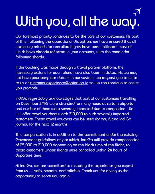 इंडिगो ने परिचालन बाधा से प्रभावित यात्रियों को 10 हजार रुपये का मुआवजा देने की घोषणा की