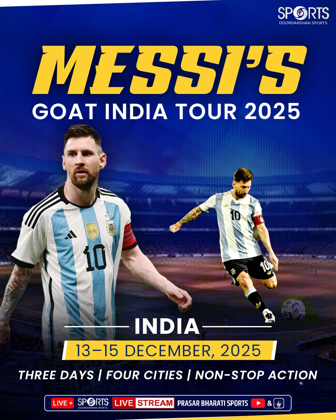 तीन दिन के जी ओएटी इंडिया टूर पर कोलकाता पहुंचे दिग्गज फुटबॉल खिलाड़ी लियोनिल मैस्सी का भव्य स्वागत