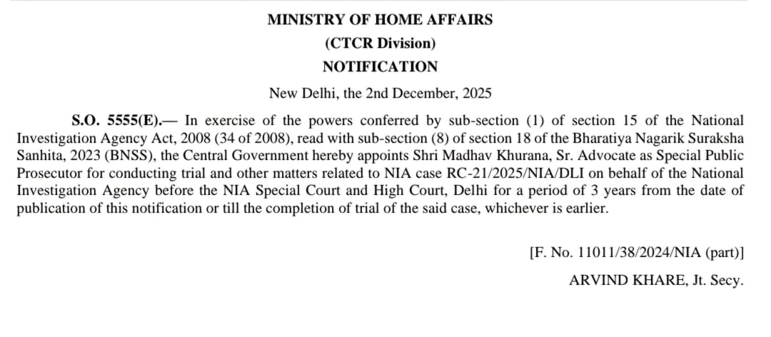 Union Home Ministry appoints Madhav khurana as special public Prosecutor in Red Fort blast case