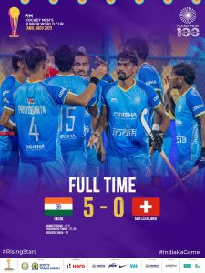 India Thrash Switzerland 5–0 to Enter FIH Junior World Cup Quarterfinals