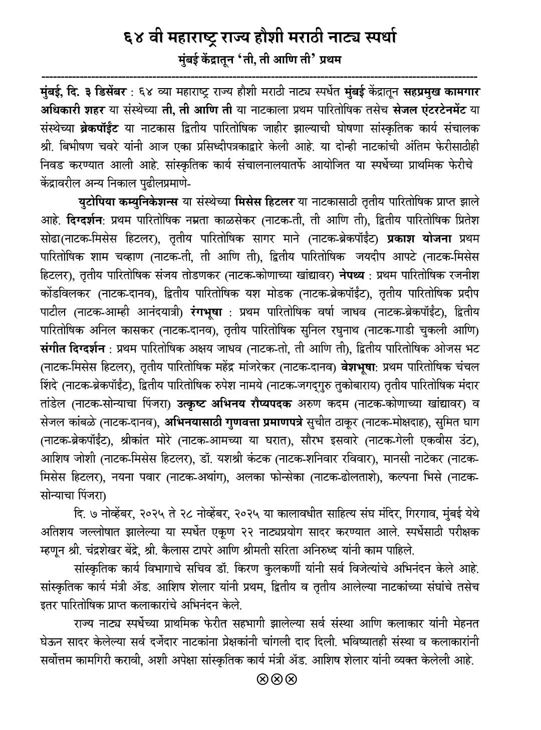 ६४व्या महाराष्ट्र राज्य हौशी मराठी नाट्य स्पर्धेचे निकाल जाहीर