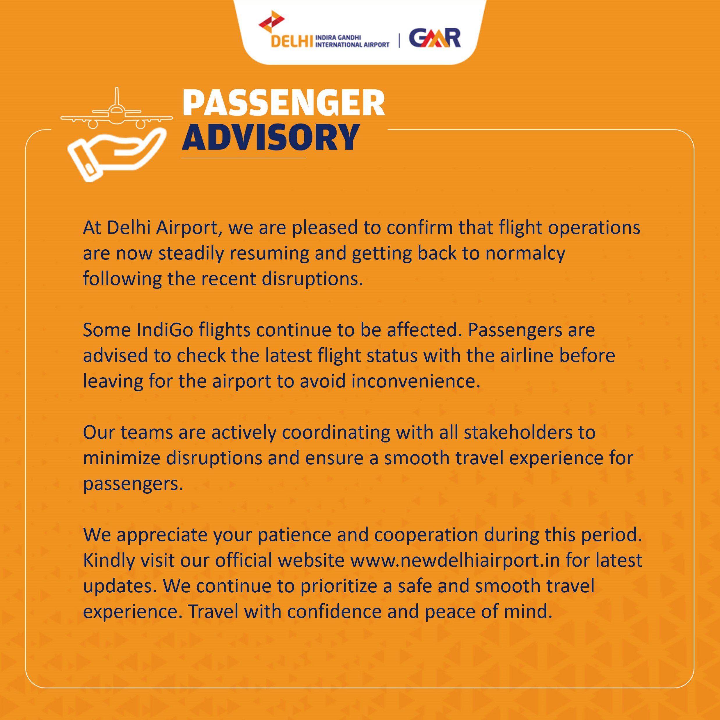 दिल्ली हवाई अड्डे पर उड़ान संचालन सामान्य, इंडिगो की कुछ उड़ानें रहेंगी प्रभावित