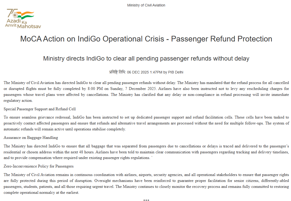 অসামরিক উড়ান মন্ত্রক অবিলম্বে বিমান যাত্রীদের টিকিট বাবদ বকেয়া অর্থ মিটিয়ে দেওয়ার জন্য ইন্ডিগো বিমান সংস্থাকে নির্দেশ দিয়েছে।
