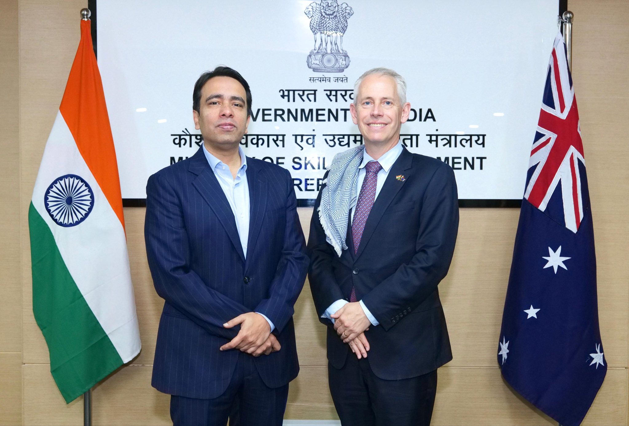 Minister of State Jayant Chaudhary meets Australian Minister Andrew Giles in New Delhi