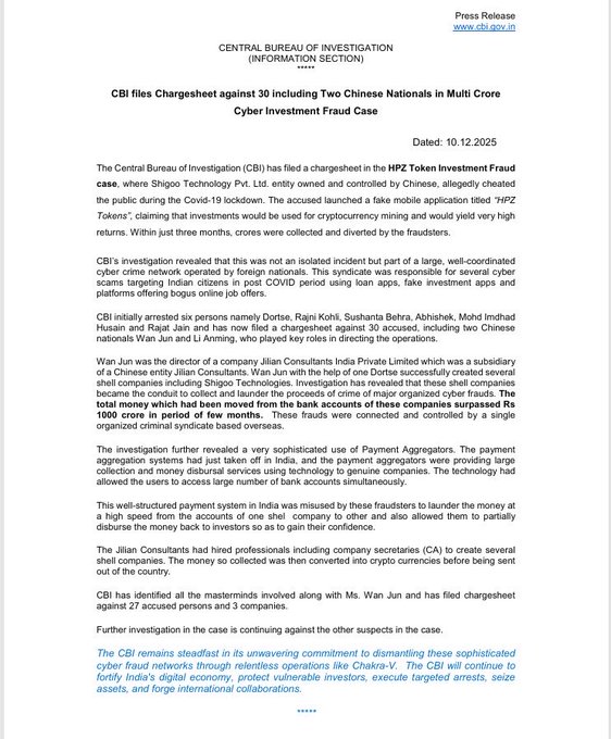 CBI files charges against two Chinese nationals in 1,000 Crore HPZ Token Fraud Case