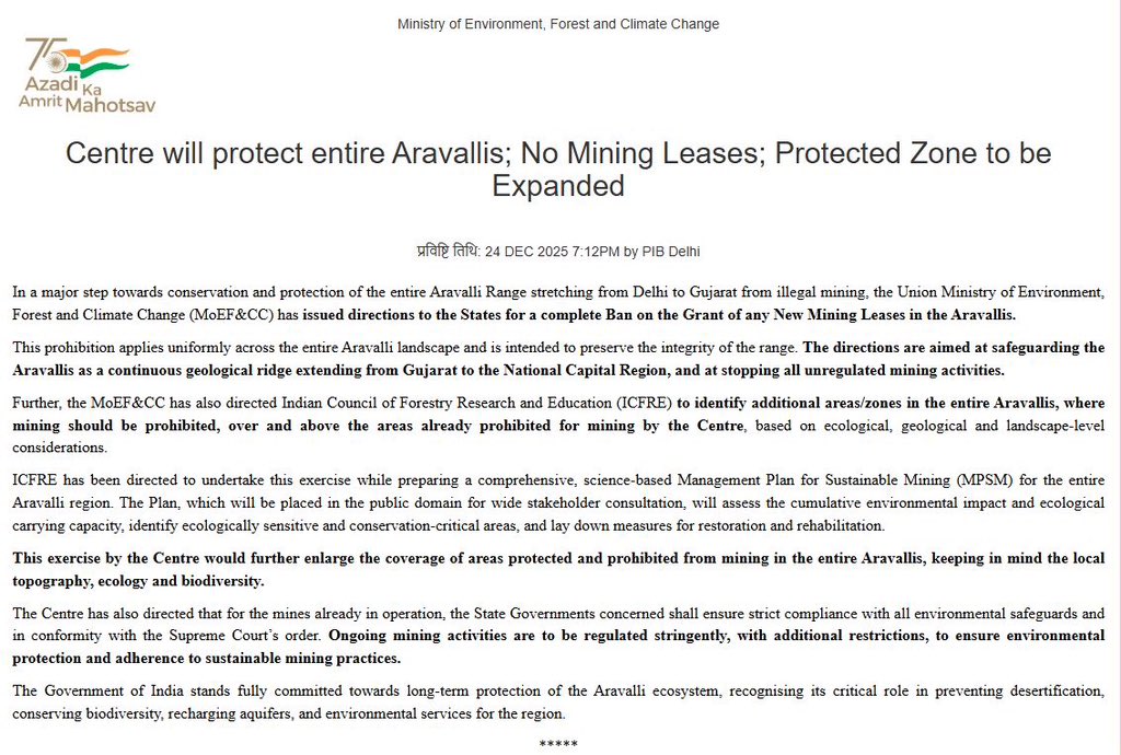 केंद्र ने राज्यों को अरावली पर्वतमाला में नए खनन पट्टे देने पर पूर्ण प्रतिबंध लगाने का निर्देश जारी किया