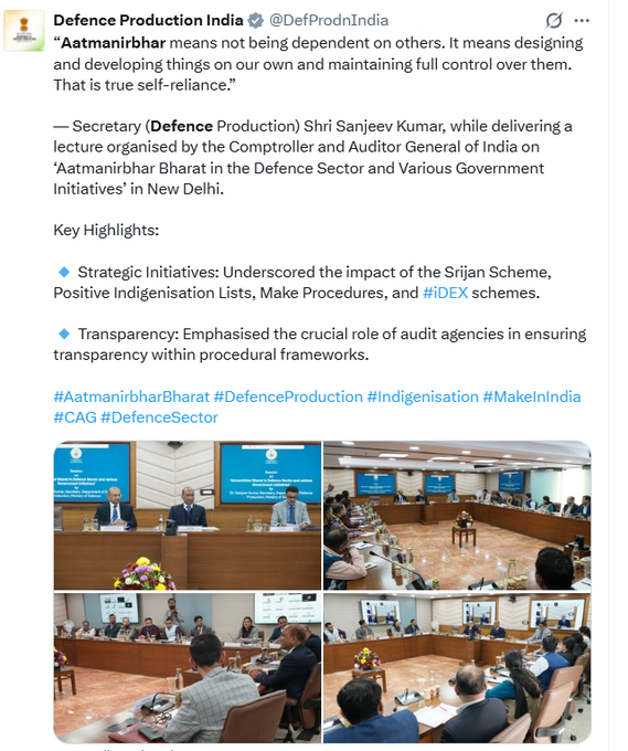 প্রতিরক্ষা মন্ত্রকের সচিব সঞ্জীব কুমার প্রতিরক্ষা উৎপাদন ক্ষেত্রে প্রথাগত ও অপ্রচলিত সমস্যার মোকাবিলা করতে আত্মনির্ভরতার রাস্তায় চলায় জোর দেওয়ার কথা বলেন।
