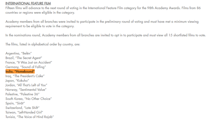 নীরজ ঘেওয়ান পরিচালিত ভারতীয় সিনেমা হোমবাউন্ড, ৯৮ তম অ্যাকাডেমি অ্যাওয়ার্ডসের সেরা আন্তর্জাতিক চলচ্চিত্র বিভাগে নির্বাচিত হয়েছে