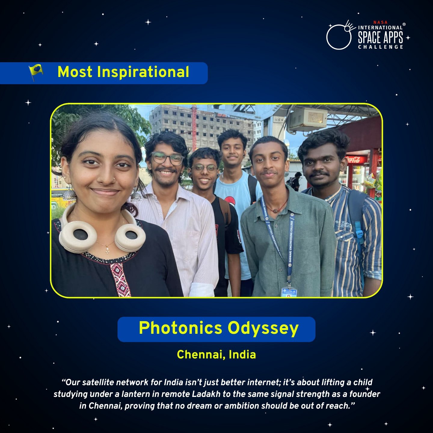 फोटोनिक्स ओडिसी नाम की भारतीय टीम बनी नासा के अंतर्राष्ट्रीय स्पेस ऐप्स चैलेंज की विजेता