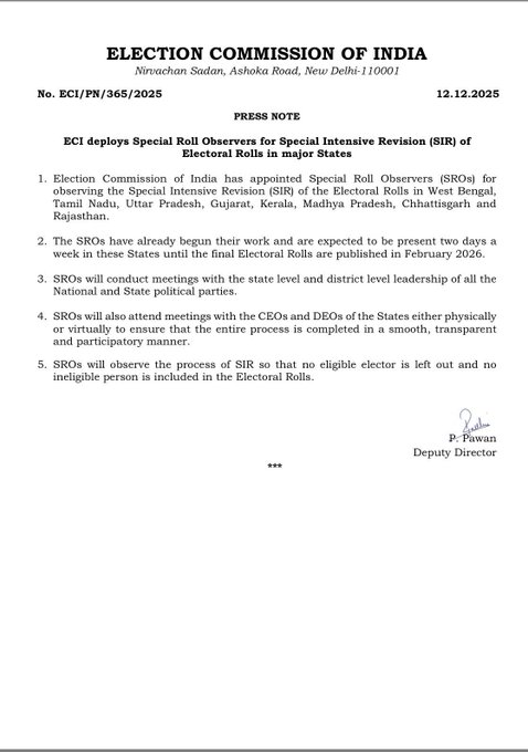 EC Appoints Observers for Electoral Roll Revision