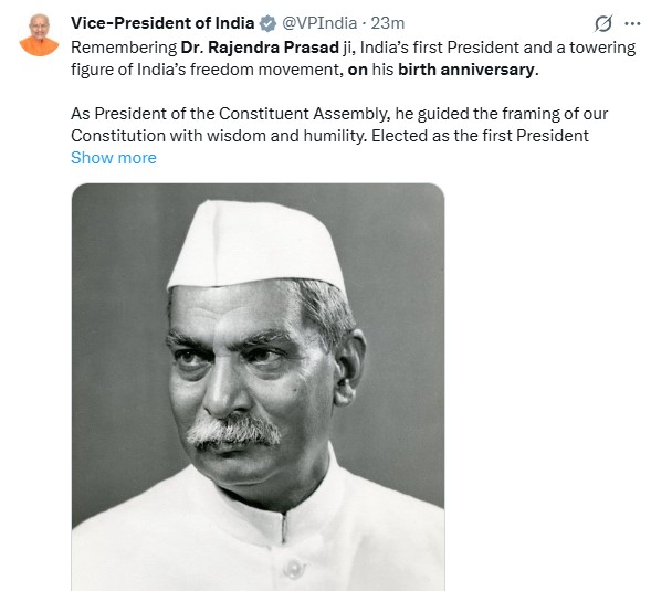 VP C.P. Radhakrishnan Pays Homage to Dr Rajendra Prasad on Birth Anniversary