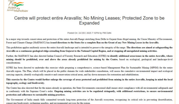 Centre issues direction to States for complete ban on grant of any new mining leases in Aravali range