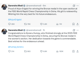 PM Modi congratulates Arjun Erigaisi & Koneru Humpy for winning Bronze medal at FIDE World Rapid Chess Championship 