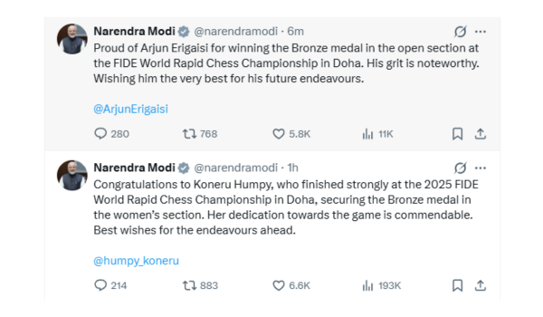 PM Modi congratulates Arjun Erigaisi & Koneru Humpy for winning Bronze medal at FIDE World Rapid Chess Championship 