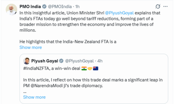 PM Modi hails India-New Zealand FTA as India’s first women-led FTA