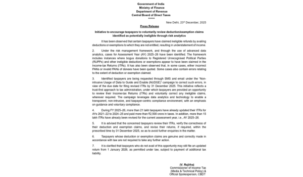 Income Tax Department launches data-driven NUDGE Campaign for Assessment Year 2025-26