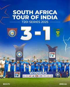 পুরুষদের ক্রিকেটে, ভারত, দক্ষিণ আফ্রিকাকে ৩০ রানে হারিয়ে সিরিজ ৩-১ ব্যবধানে জিতে নিয়েছে