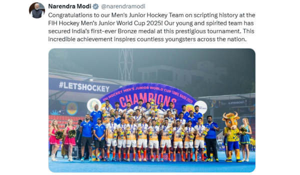 PM Modi congratulates India’s Hockey Team for securing Bronze at the FIH Men’s Junior World Cup