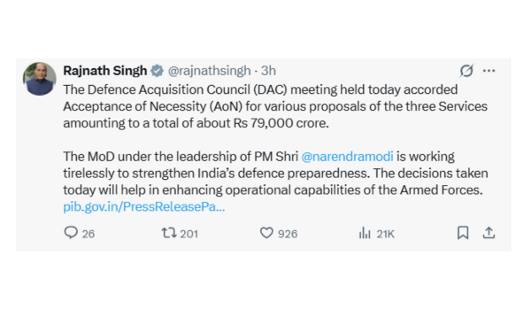 સંરક્ષણ સંપાદન પરિષદે સશસ્ત્ર દળોની ક્ષમતાઓ વધારવા 79 હજાર કરોડ રૂપિયાના પ્રસ્તાવોને મંજૂરી આપી