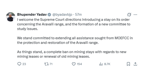 Union Minister Bhupender Yadav welcomes SC’s decision to stay on its own order on Aravalli range