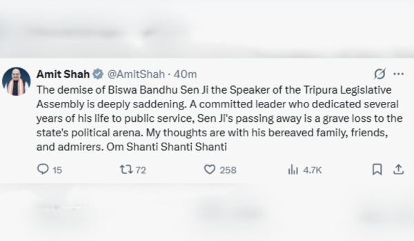 Union Home Minister Condoles Death of Tripura Assembly Speaker Biswa Bandhu Sen