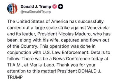 Venezuelan President Maduro and his wife captured by American army and flown out of country after large scale attack