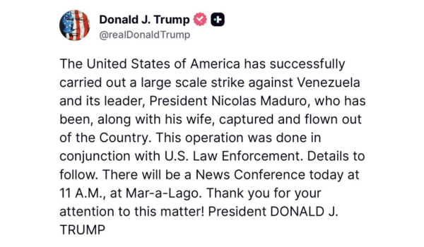 Venezuelan President Maduro and his wife captured by American army and flown out of country after large scale attack