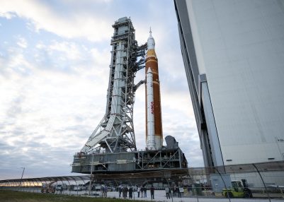 Nasa’s mega Moon rocket arrives at launch pad for Artemis II mission