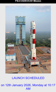 ভারতীয় মহাকাশ গবেষণা সংস্থা ইসরো, এমাসের ১২ তারিখ PSLV-C-62 মহাকাশে পাঠাবে