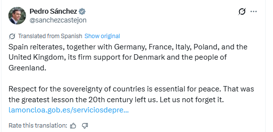 মার্কিন রাষ্ট্রপতি ডোনাল্ড ট্রাম্পের গ্রিনল্যান্ড অধিগ্রহণ সংক্রান্ত মন্তব্যের প্রেক্ষিতে স্পেন আবারও ডেনমার্ক ও গ্রিনল্যান্ডের জনগণের প্রতি দৃঢ় সমর্থন ব্যক্ত করেছে