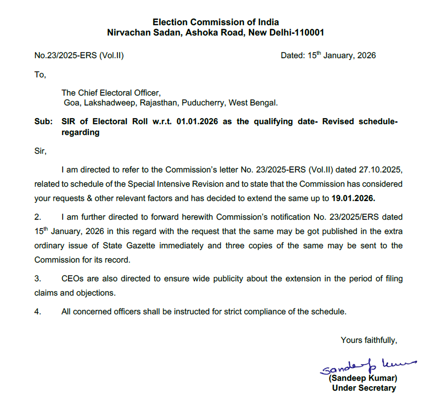 निर्वाचन आयोग ने गोवा समेत 5 राज्यों और केंद्रशासित प्रदेशों में SIR की समयसीमा 19 जनवरी तक बढ़ाई