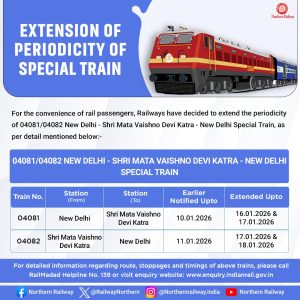 Northern Railway announces extension of special reserved train services between New Delhi and SMVD Katra 