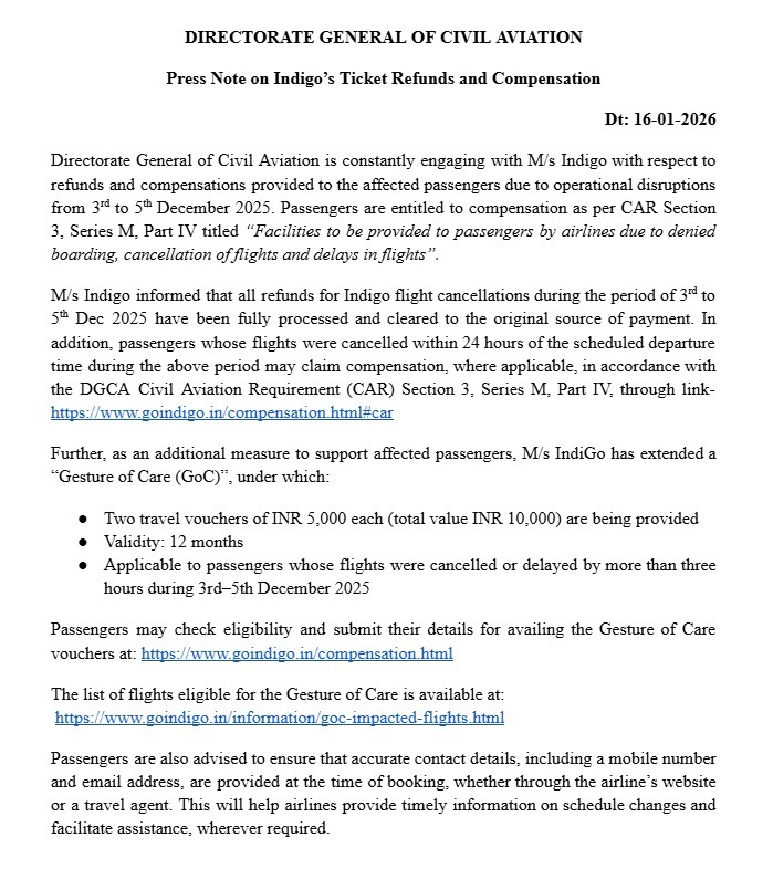 DGCA ने इंडिगो की सभी रद्द उड़ानों के रीफंड प्रक्रिया पूरी होने की पुष्टि की